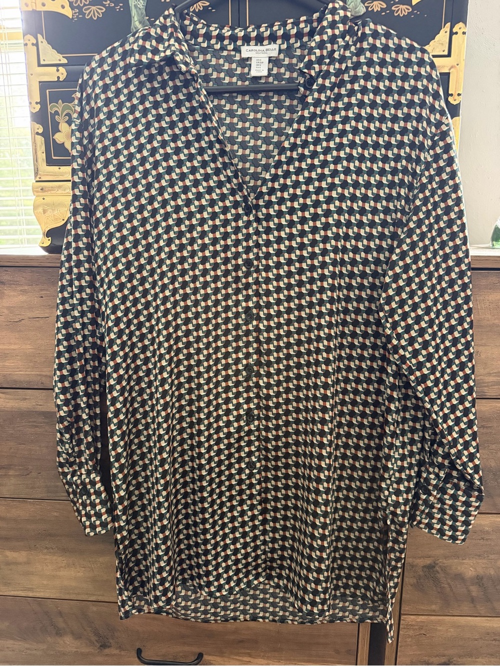Office Blouse Black Geometric Button-Front